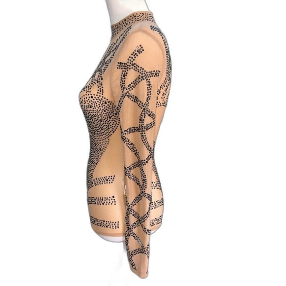 Banjul Tan Nude Mesh Rhinestone Studded Bodysuit Stretch Sheer Clubwear Sz S - Picture 3 of 7